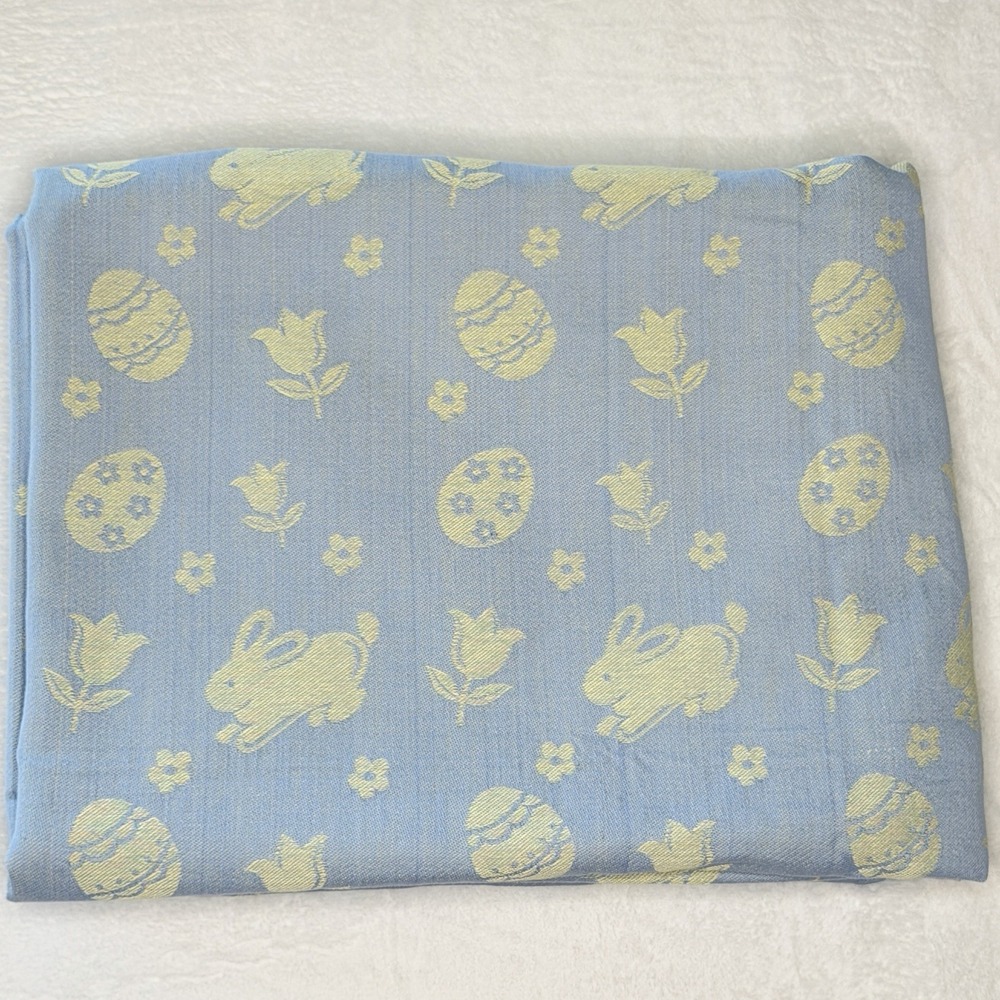 VTG Easter Bunny Egg Tulip Jacquard Tablecloth Blue White 60x98 Spring Cottage